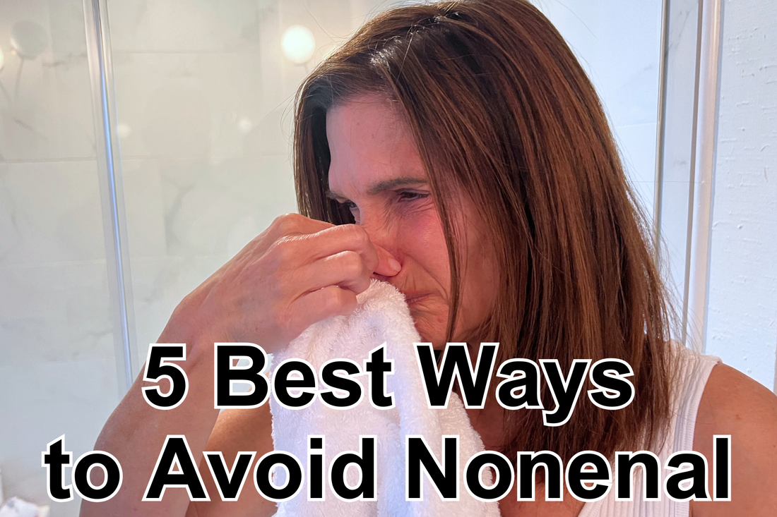 Woman reacting to body odor with text overlay "5 Best Ways to Avoid Nonenal.