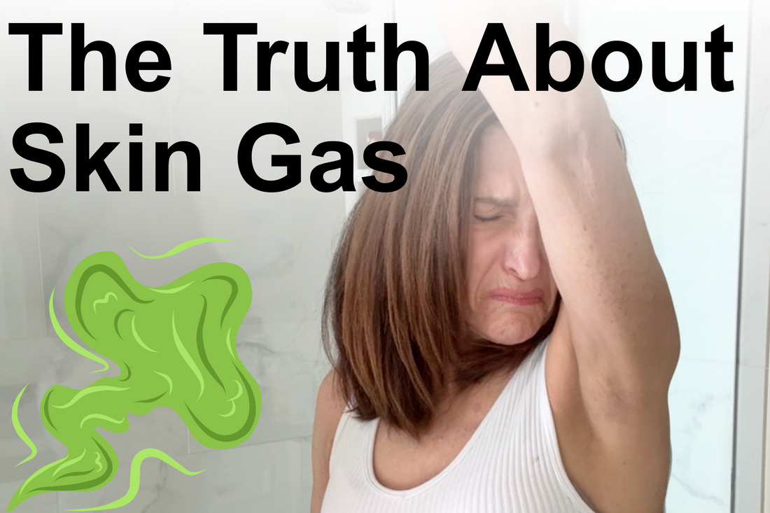 Woman checking underarm odor with text overlay “The Truth About Skin Gas” – understanding nonenal and body odor causes.