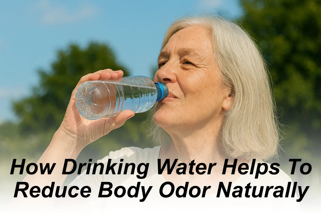 Older woman drinking water outdoors from a bottle, highlighting hydration as a natural way to reduce body odor and support overall health and freshness.