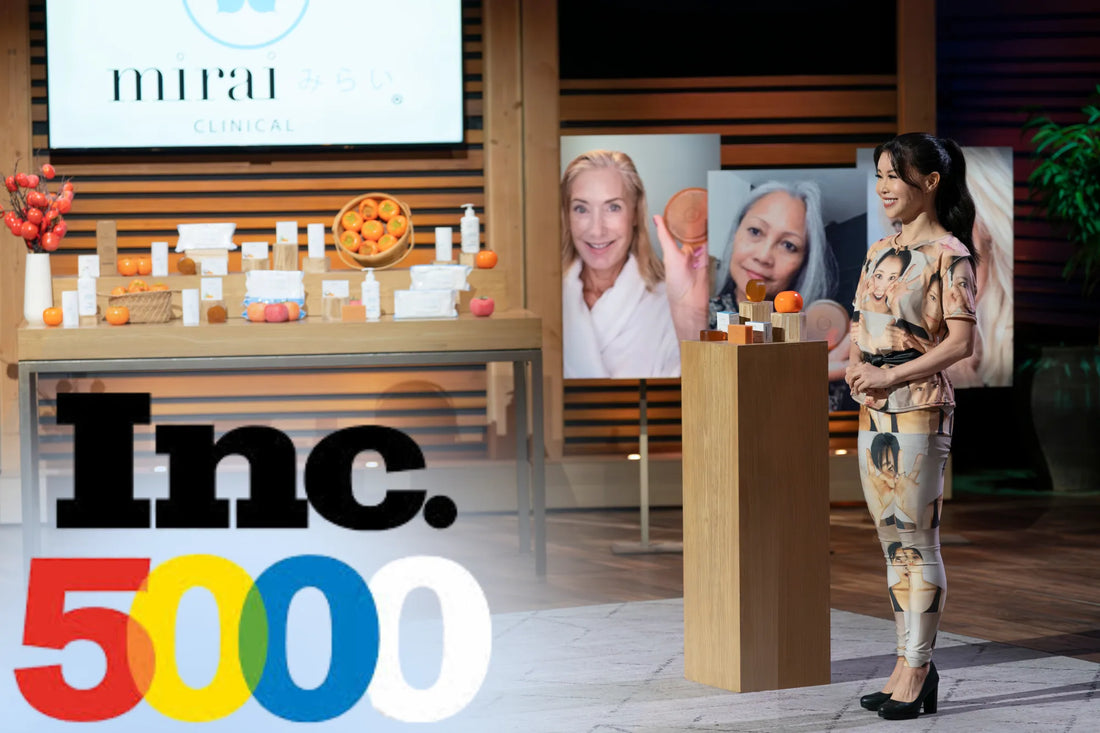 Mirai Clinical team on Shark Tank stage with Inc. 5000 logo, celebrating ranking among America’s fastest-growing private companies