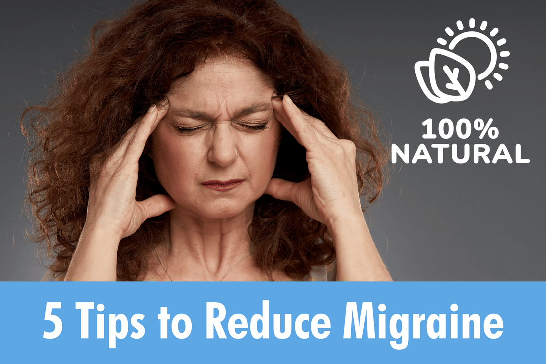 Woman with curly hair pressing temples, showing migraine discomfort. Text: 5 Tips to Reduce Migraine, 100% Natural.