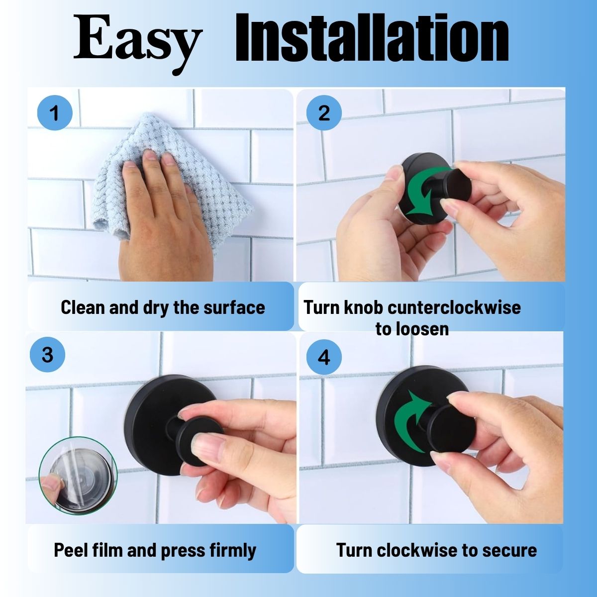 Mirai Clinical no drill shower hook easy installation steps showing suction setup, twist lock and secure mounting for bathroom storage and organization.