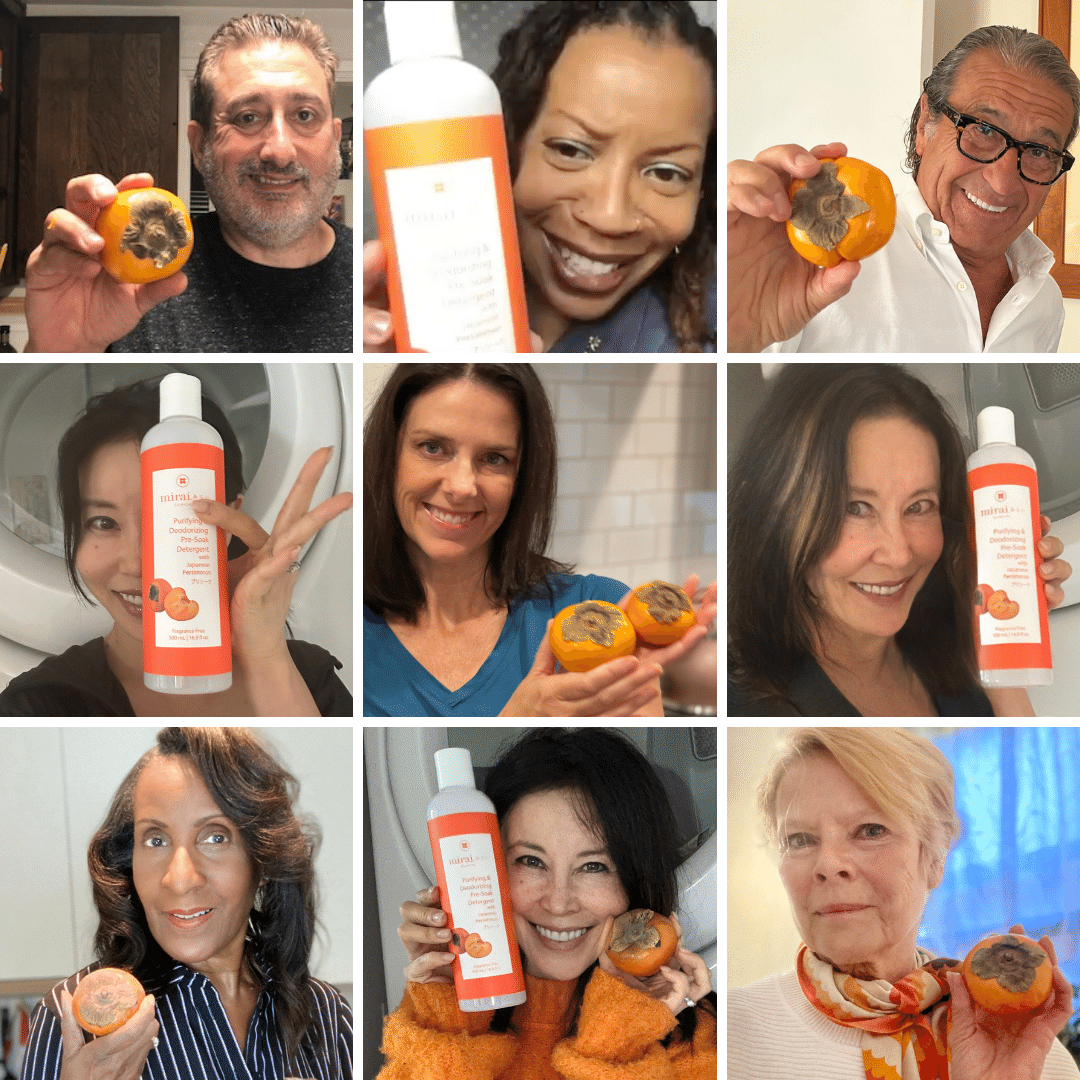 Collage of nine faces, each representing the benefits and effectiveness of Mirai Clinical's Pre Soak Laundry Detergent with persimmon extract against nonenal odor