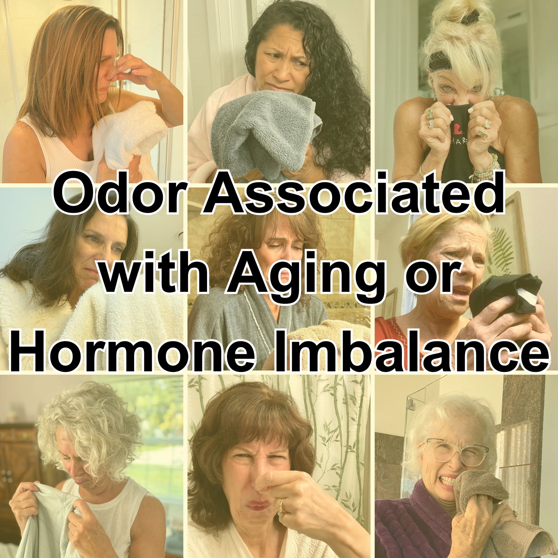 Women reacting to odor associated with aging or hormone imbalance, highlighting the challenge of nonenal body odor.