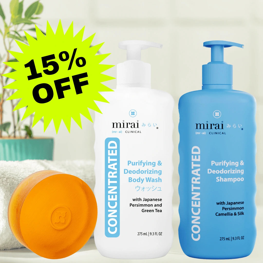 Mirai Clinical Complete Purifying Set with 15% OFF: Body Wash, Shampoo, and Soap for full-body odor control.