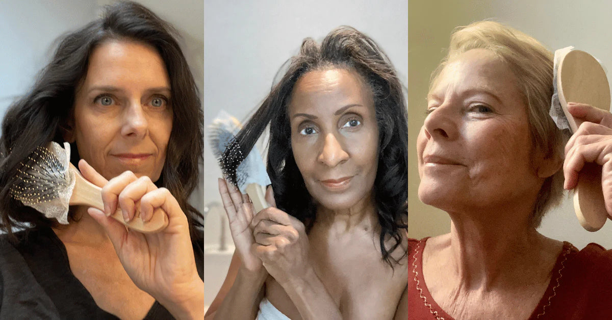 Three women showcasing the Mirai Clinical Deodorizing Hair Brush Liner with Persimmon.