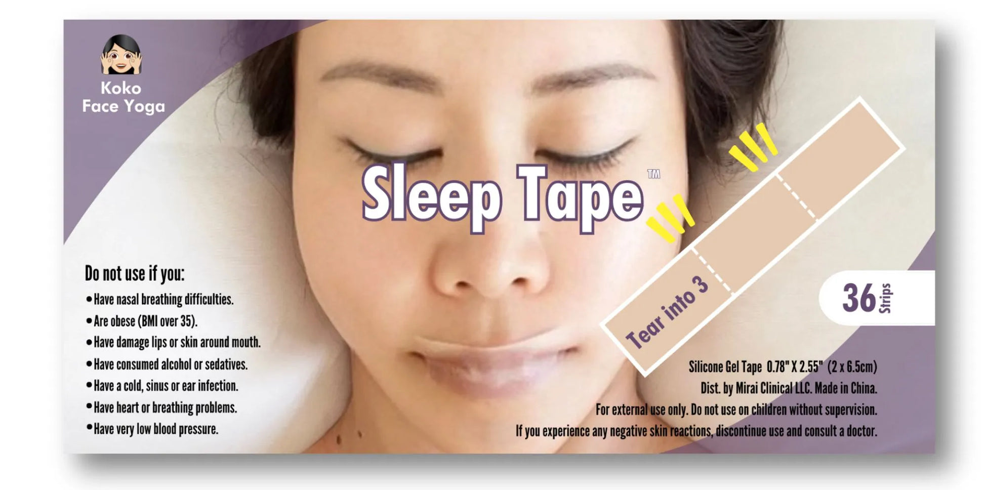 Mirai Clinical Sleep Tape packaging with woman sleeping and silicone gel strip shown, used to support nasal breathing and facial muscle relaxation overnight.