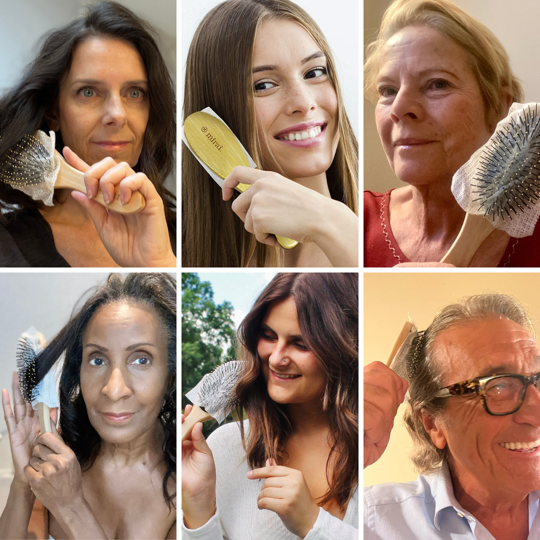Compilation of six genuine customer reviews showcasing Mirai Clinical's hair brush and liner, highlighting the products' effectiveness and the satisfaction of real users