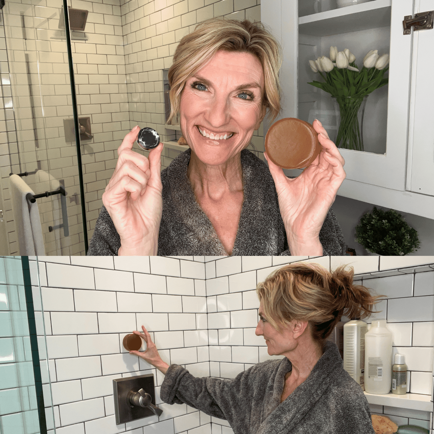 Two women collaboratively demonstrating the application of Mirai Clinical's soap bar and its accompanying magnetic holder in a shower setting, illustrating the product's user-friendly design and efficient in-shower storage.