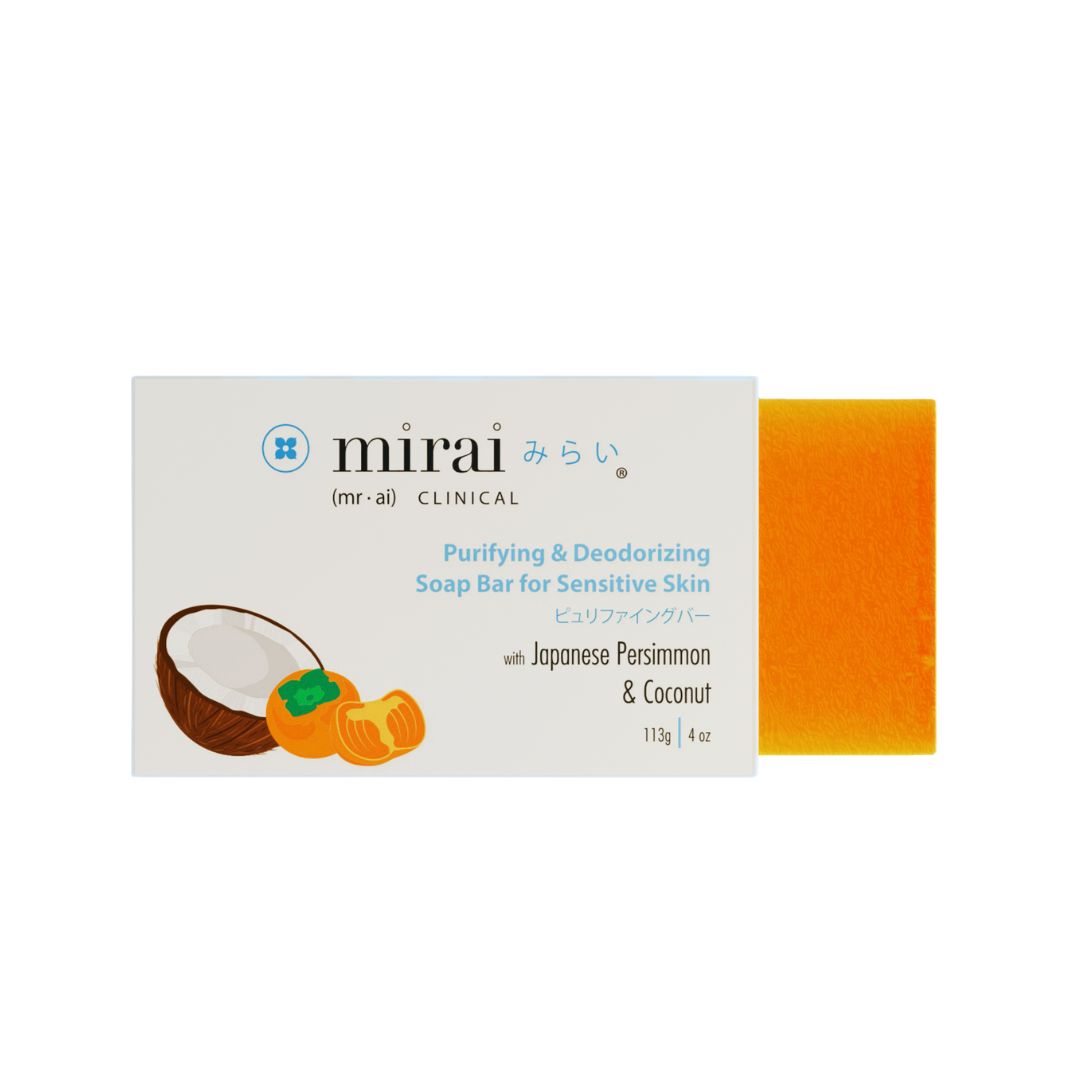 Mirai Clinical Persimmon Soap for Sensitive Skin with coconut and persimmon extract. Natural deodorizing bar soap gentle for daily use.