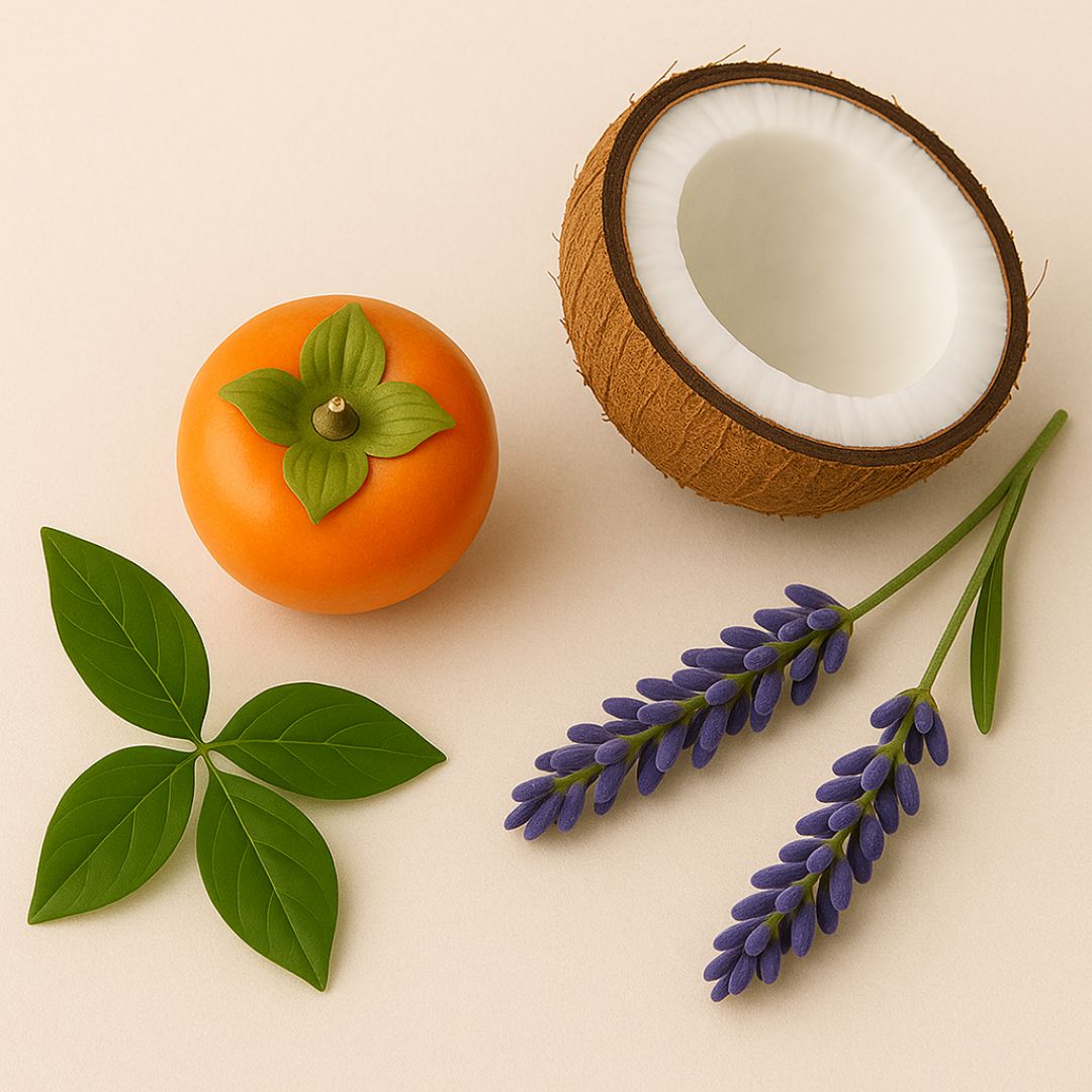 Fresh natural ingredients for Mirai Clinical persimmon soap, featuring Japanese persimmon, coconut, lavender, and green tea leaves on a neutral background.