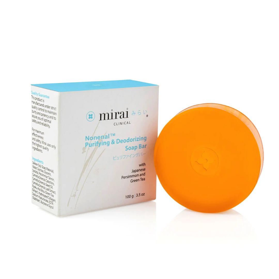 Mirai Clinical Nonenal Purifying & Deodorizing Soap Bar with Japanese Persimmon and Green Tea, natural deodorizing soap for aging odor care.
