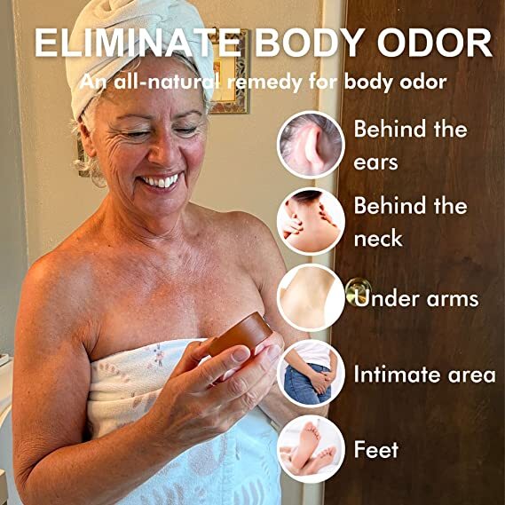 Smiling woman in towel holding Mirai Clinical persimmon soap, natural body odor remedy for ears, neck, underarms, intimate area, and feet.