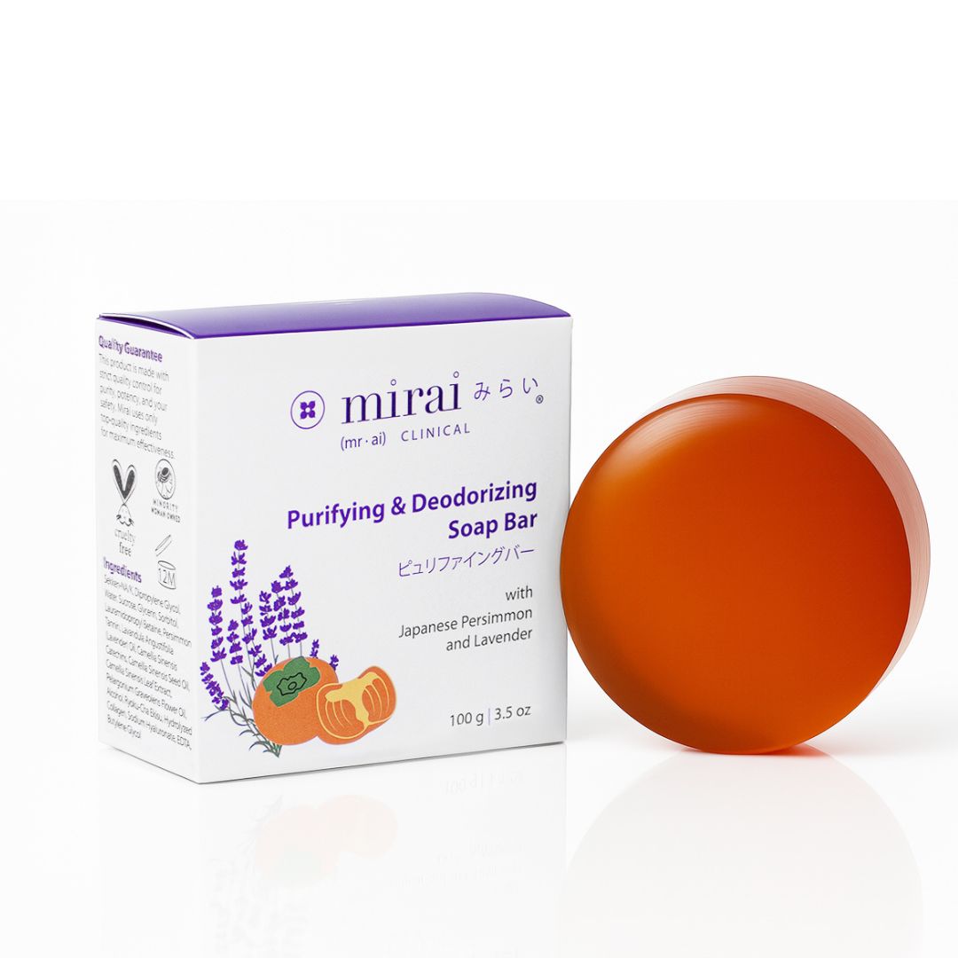 Mirai Clinical Persimmon Soap with Lavender, a natural purifying and deodorizing bar made with Japanese persimmon extract and lavender for fresh skin.