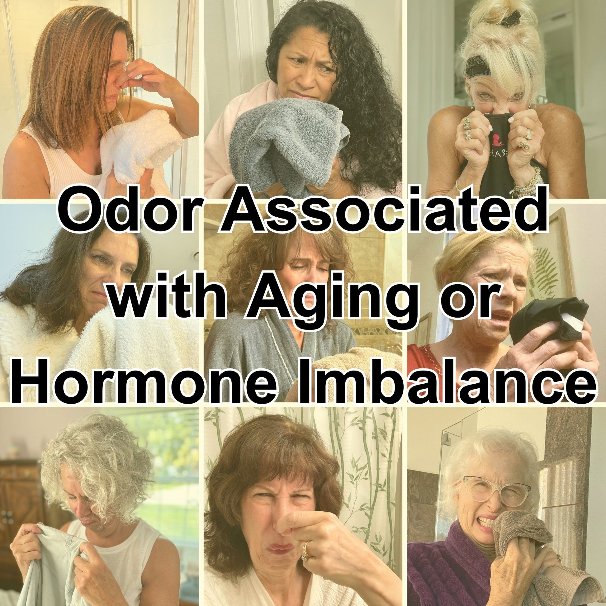 Grid of nine women showing reactions to unpleasant odors, promoting deodorizing soap.