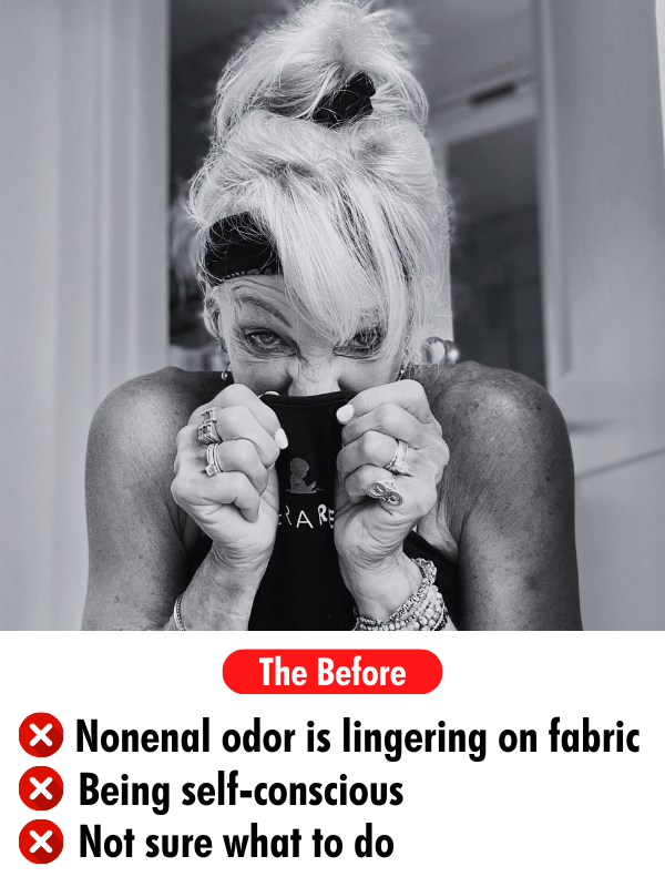 Woman looking distressed by nonenal odor lingering on fabric, feeling self-conscious and unsure what to do before using Mirai Clinical Deodorant Stick.