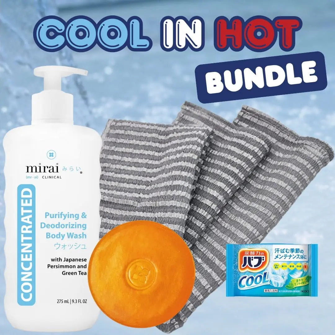 Mirai Clinical Hot Springs Bundle featuring purifying and deodorizing body wash, soap bar, premium towel, and Cool in hot bath bomb, promoting relaxation and odor control.