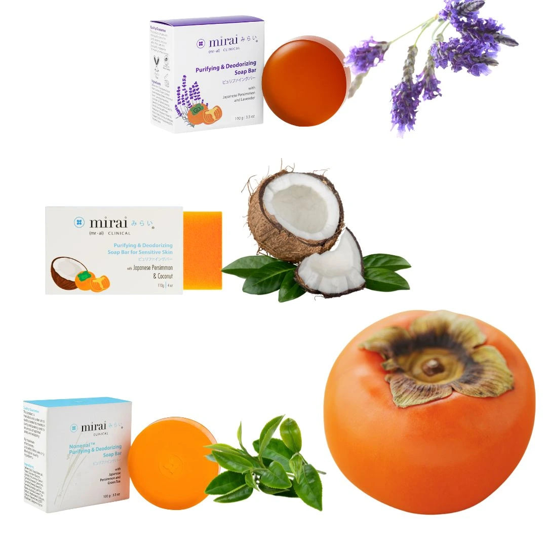 Mirai Clinical Persimmon Soap trio with lavender, coconut, and persimmon for natural deodorizing and gentle cleansing.