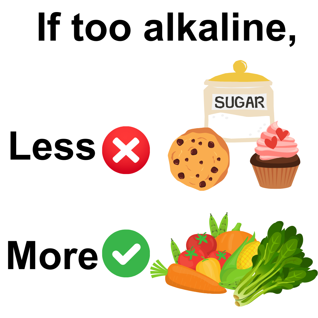 If too alkaline: reduce sugar, sweets; increase vegetables, leafy greens.