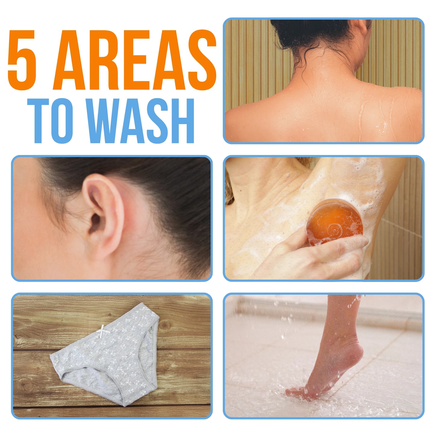 Graphic showing "5 Areas to Wash" with images of an ear, underarm washing with Mirai Clinical persimmon soap, underwear, and a foot, highlighting key areas to target for Nonenal body odor elimination.