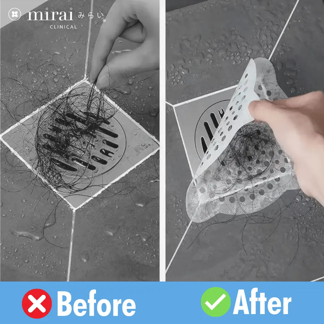 Comparison of Mirai Clinical's drain cover: 'Before' showing a clean state and 'After' illustrating its effectiveness in trapping debris and maintaining drain hygiene