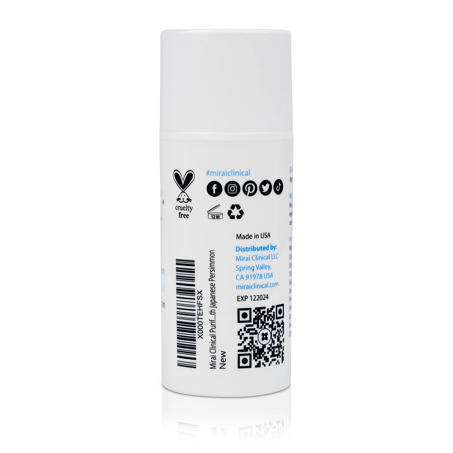 Back view of Mirai Clinical's Purifying Body Lotion bottle, highlighting its formulation with Japanese persimmon extract, known for its potent properties in combating nonenal body odor.
