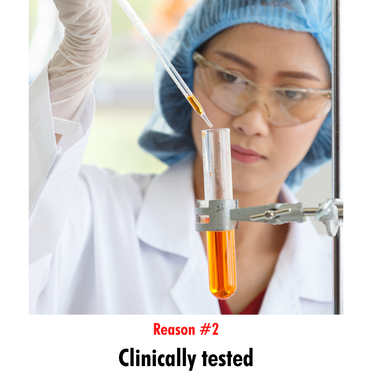 Scientist adding liquid to a test tube in a lab setting, illustrating Reason 2 for selecting Mirai Clinical products: their rigorous and thorough clinical testing