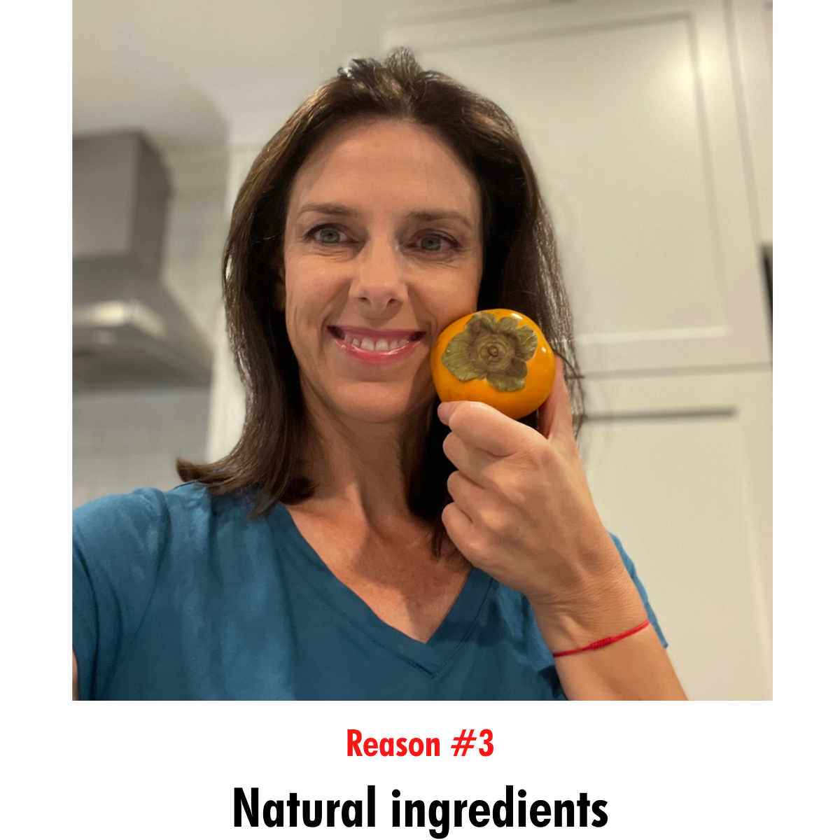 Woman holding a fresh persimmon, symbolizing the natural ingredients used in Mirai Clinical's skincare products.