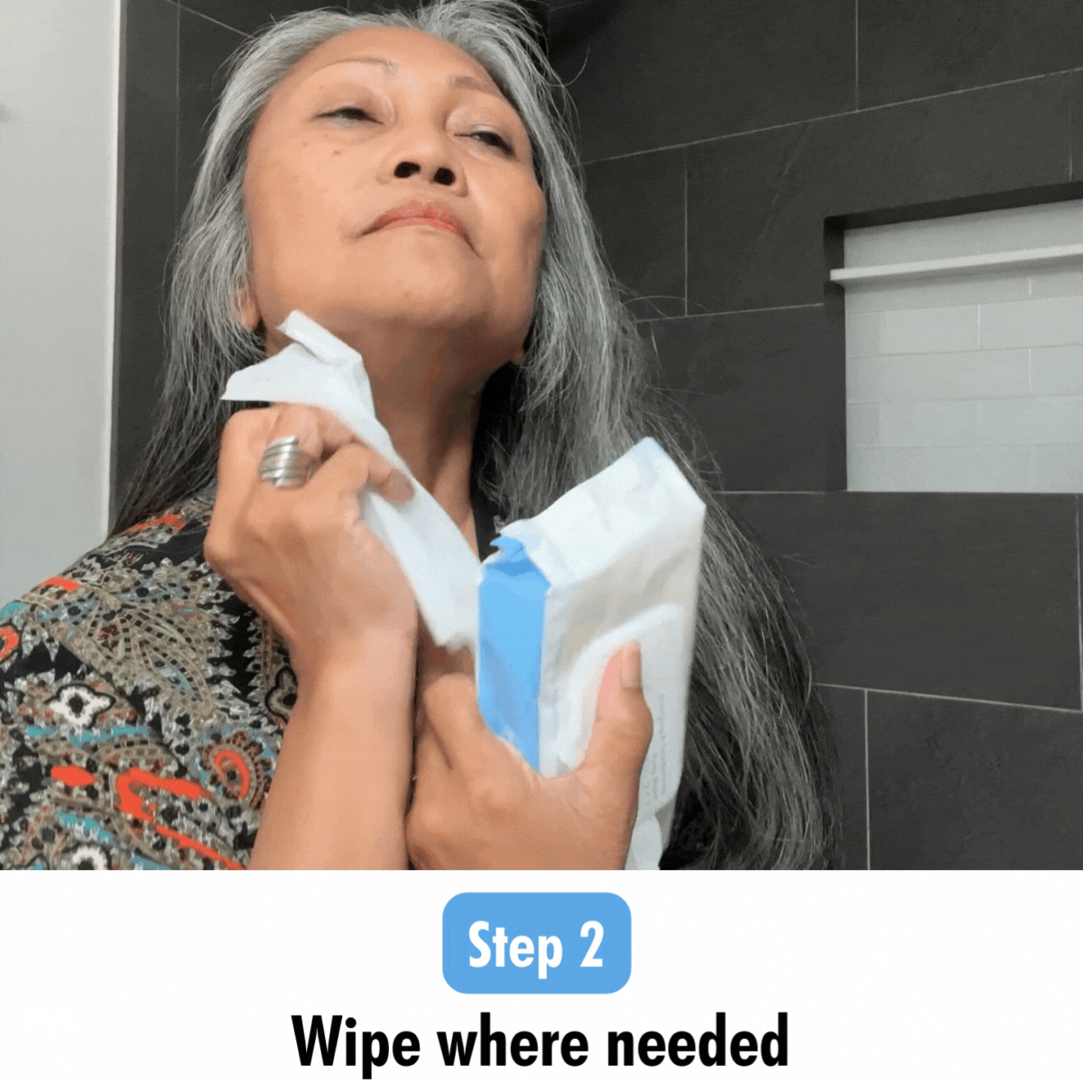 Step 2 of Mirai Clinical's usage guide: Precisely showing the key areas to apply the persimmon-infused deodorizing wipe for optimal body odor neutralization.