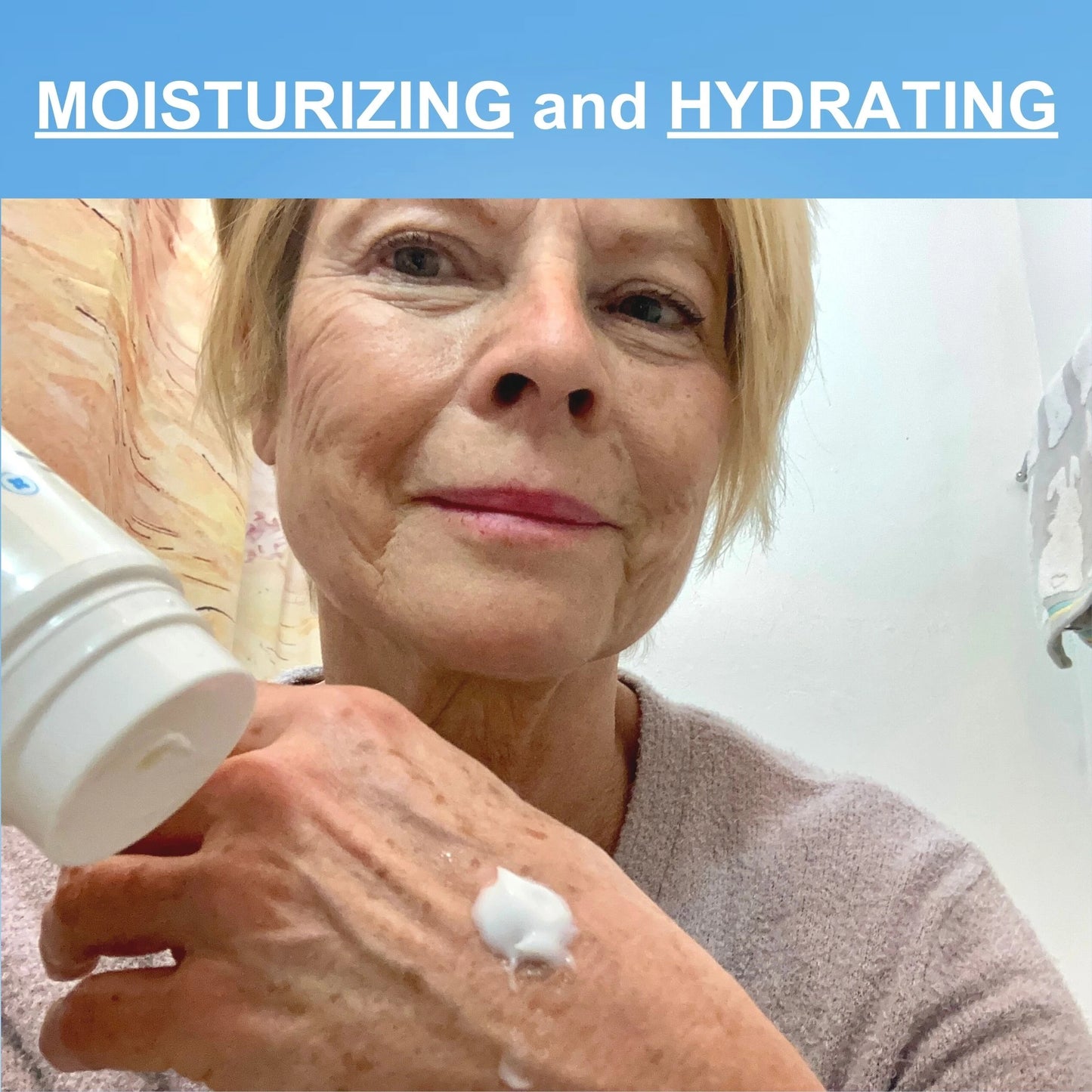 Woman applying Mirai Clinical's lotion on her hand, expressing the profound moisturizing and hydrating effects it delivers, ensuring soft, nourished skin.