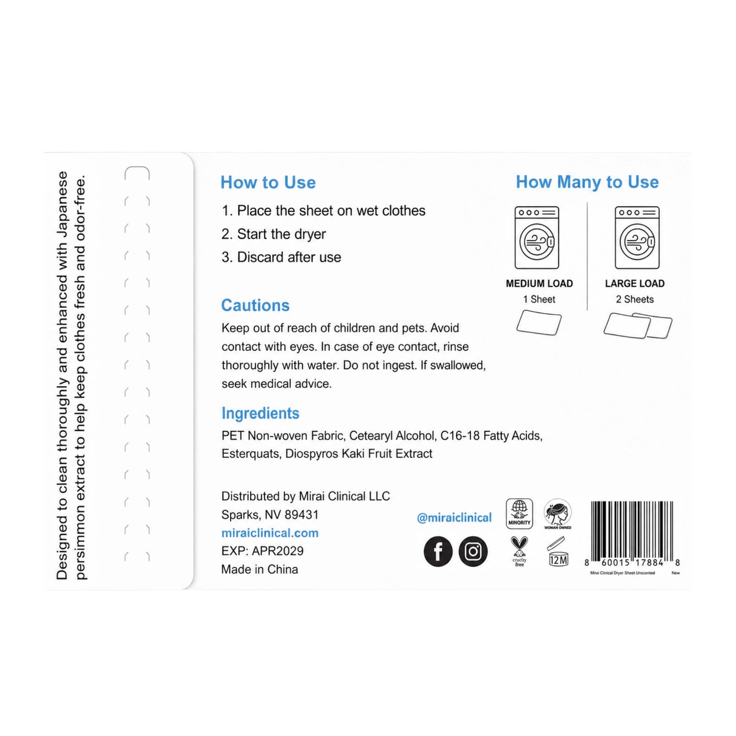 Back panel of Mirai Clinical Dryer Sheets box showing how-to-use steps, cautions, ingredient list with persimmon extract, and load-size usage guide