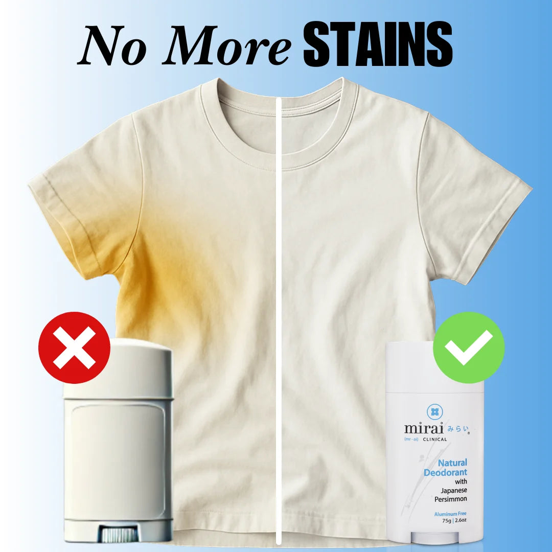 Mirai Clinical deodorant prevents stains on clothes compared to regular deodorants leaving no residue marks