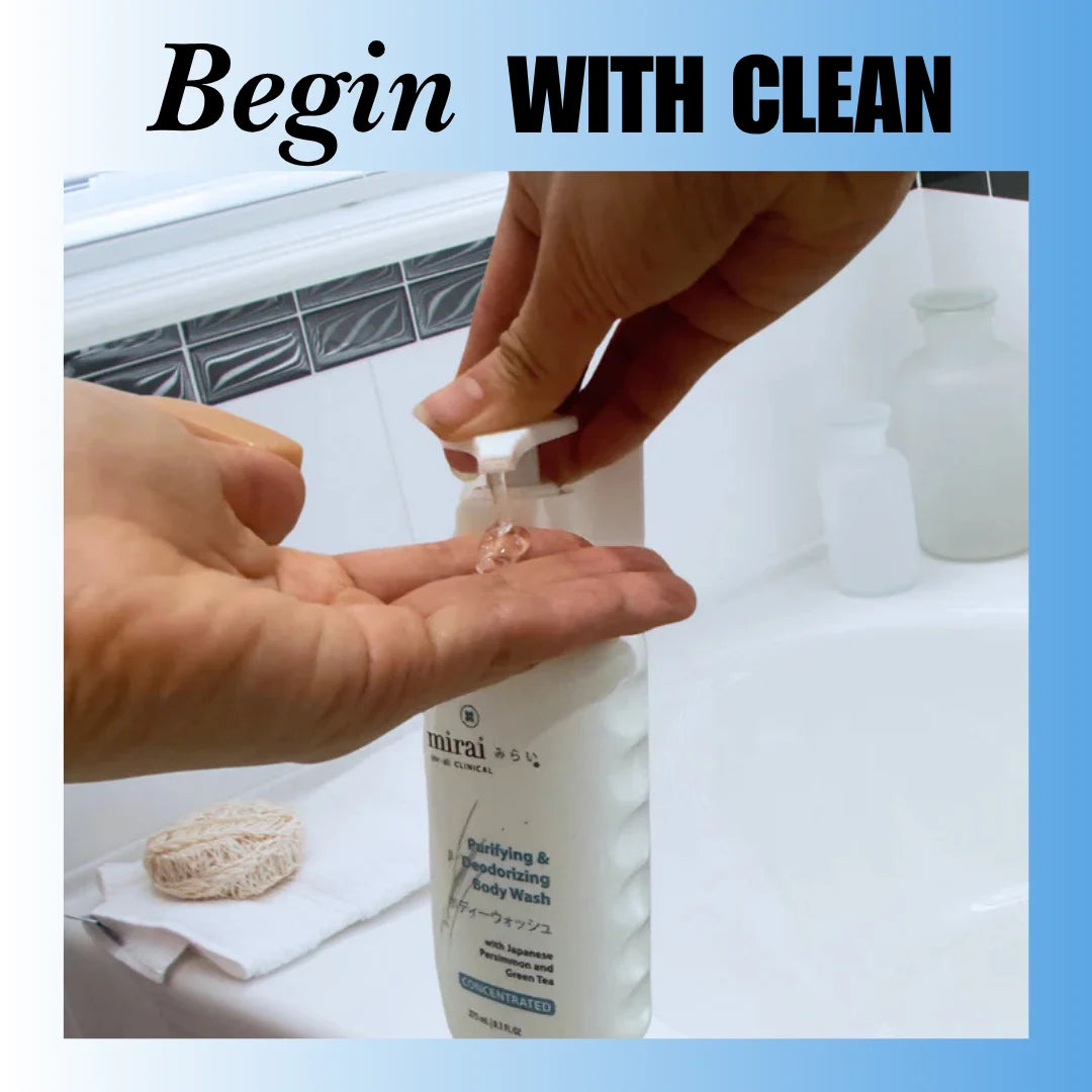 MiraiClinical persimmon deodorizing body wash hand application showing gentle cleansing against nonenal body odor