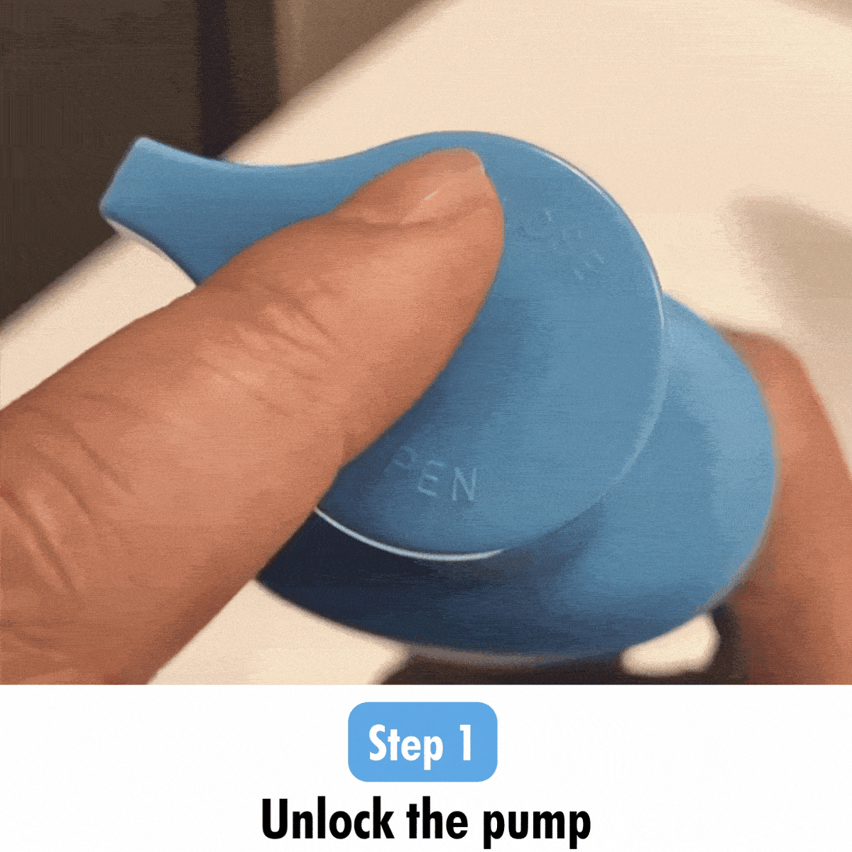Step 1: Instructional guide on how to unlock the pump mechanism of the Mini Soap dispenser from Mirai Clinical.