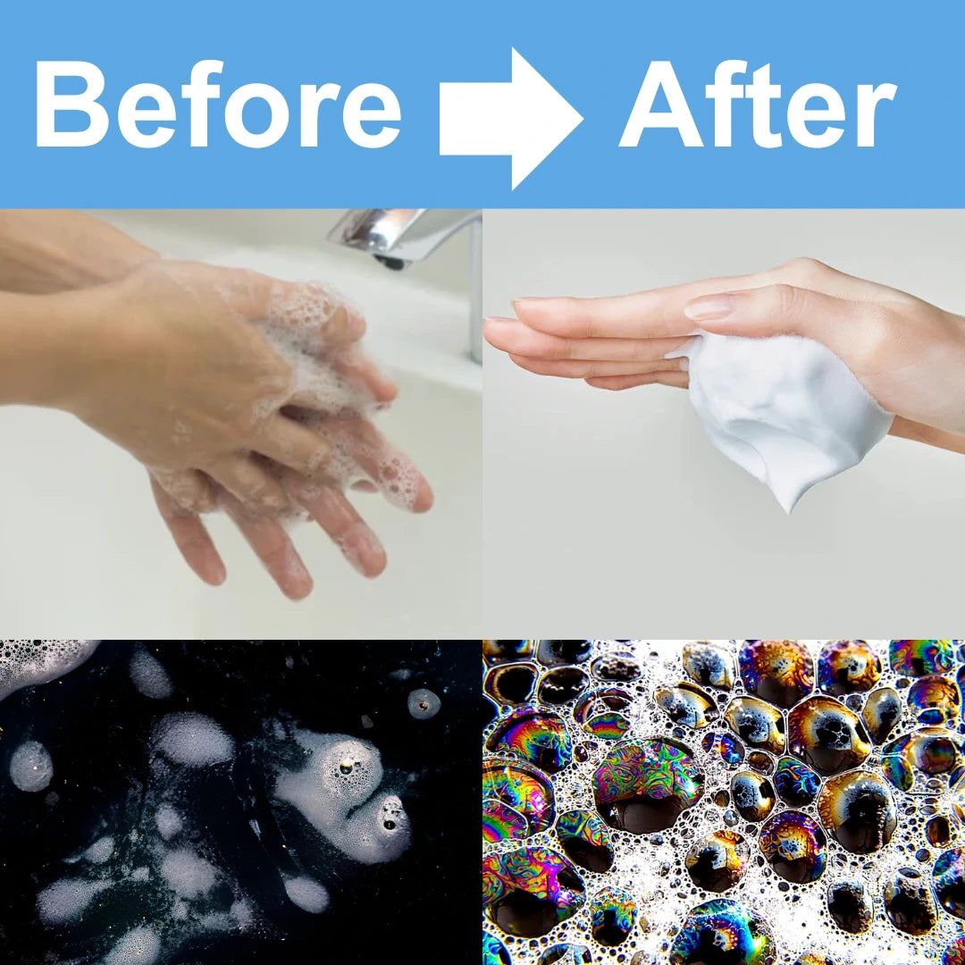 Before and after using Mirai Clinical's nylon soap saver scrub bag, highlighting the rich, creamy bubbles and enhanced lather from the soap and travel sponge.