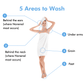 Instructional image on 'Five Areas to Wash' using Mirai Clinical's Purifying & Deodorizing Body Wash with Persimmon for optimal hygiene and odor control.