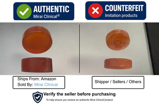 Comparison of authentic Mirai Clinical persimmon soap vs counterfeit imitation, showing product differences and tips to identify genuine nonenal odor soap.