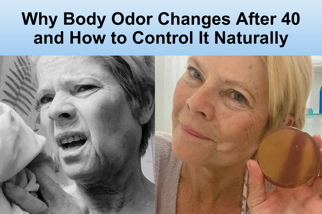 Thumbnail showing a woman with body odor discomfort on the left and a smiling woman holding a Mirai Clinical persimmon soap bar on the right. Text: "Why Body Odor Changes After 40 and How to Control It Naturally.