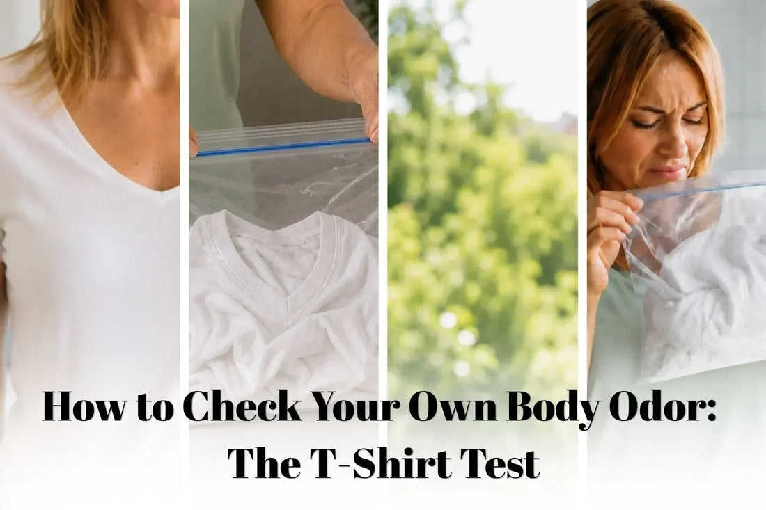 Collage of a woman wearing, sealing, and smelling a t-shirt during the body odor T-shirt test, with the article title overlay