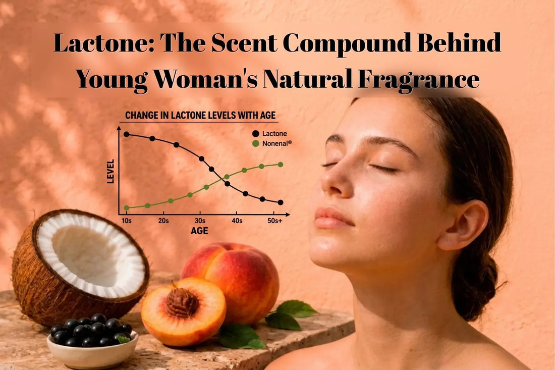 Young woman with peach, coconut, and blackcurrant beside a graph showing lactone levels decreasing and Nonenal® increasing with age.