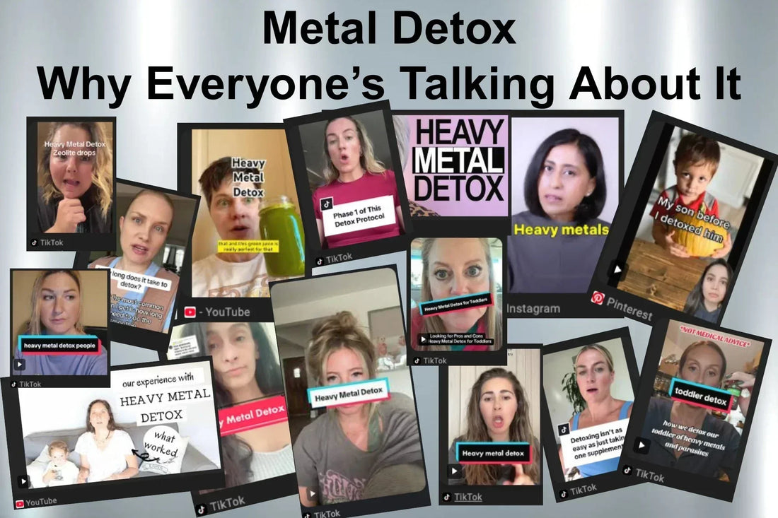 Collage of people discussing metal detox in beauty and skincare, explaining how it removes heavy metals for healthier skin and hair.