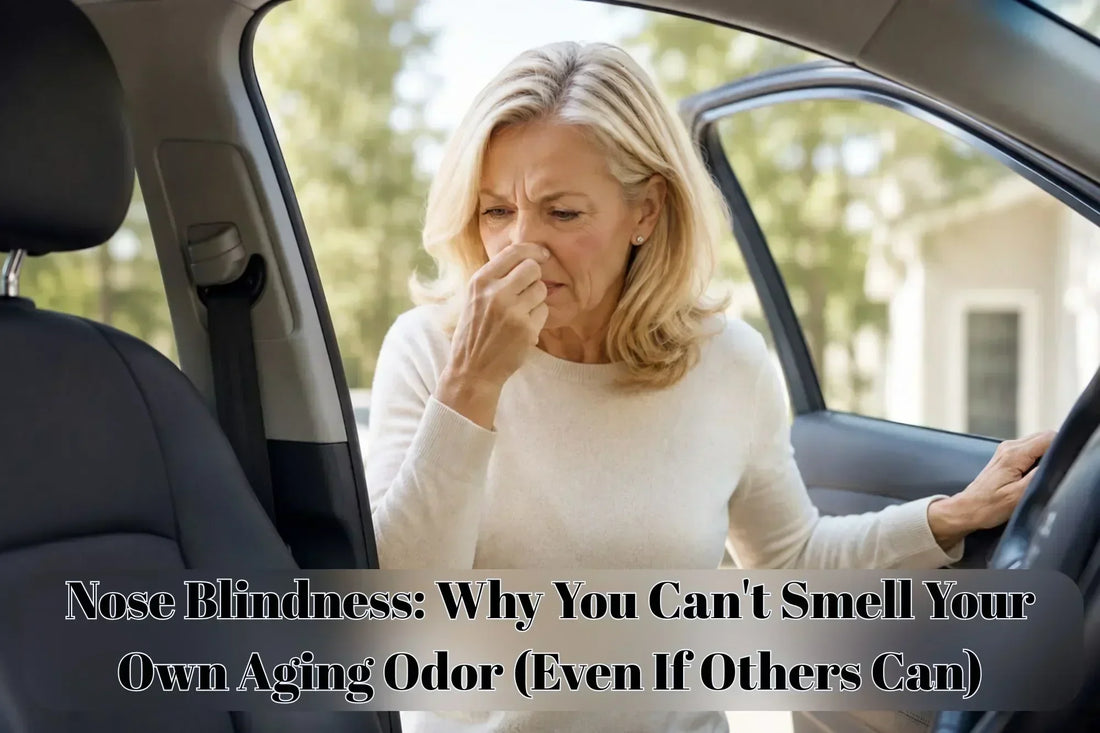 Woman pinching her nose while leaning into an open car