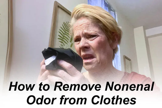 Older woman holding a shirt and smelling it with concern, highlighting how to remove nonenal odor from clothes for people over 60.