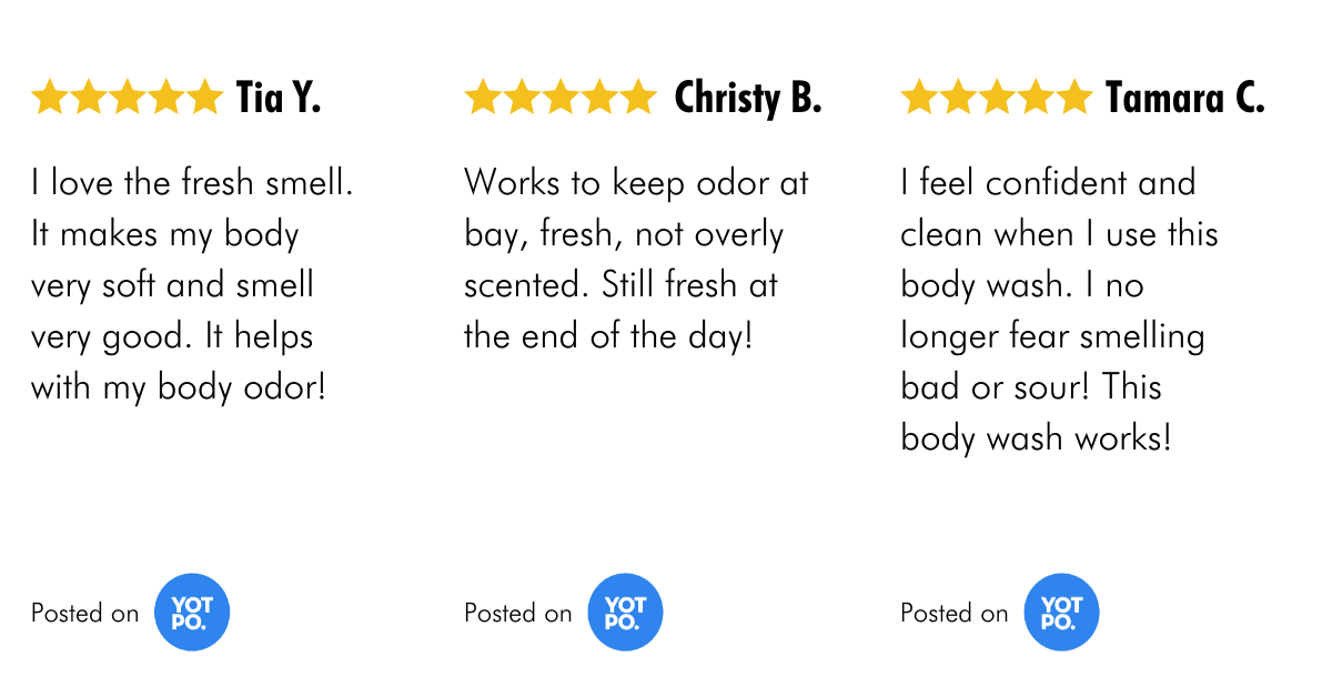 Customer review and feedback on Mirai Clinical Bodywash, highlighting its efficacy in odor control and skin cleansing.