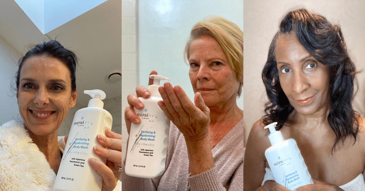 Three women displaying Mirai Clinical Deodorizing Body Wash, emphasizing its effectiveness in neutralizing body odor and enhancing skin health.