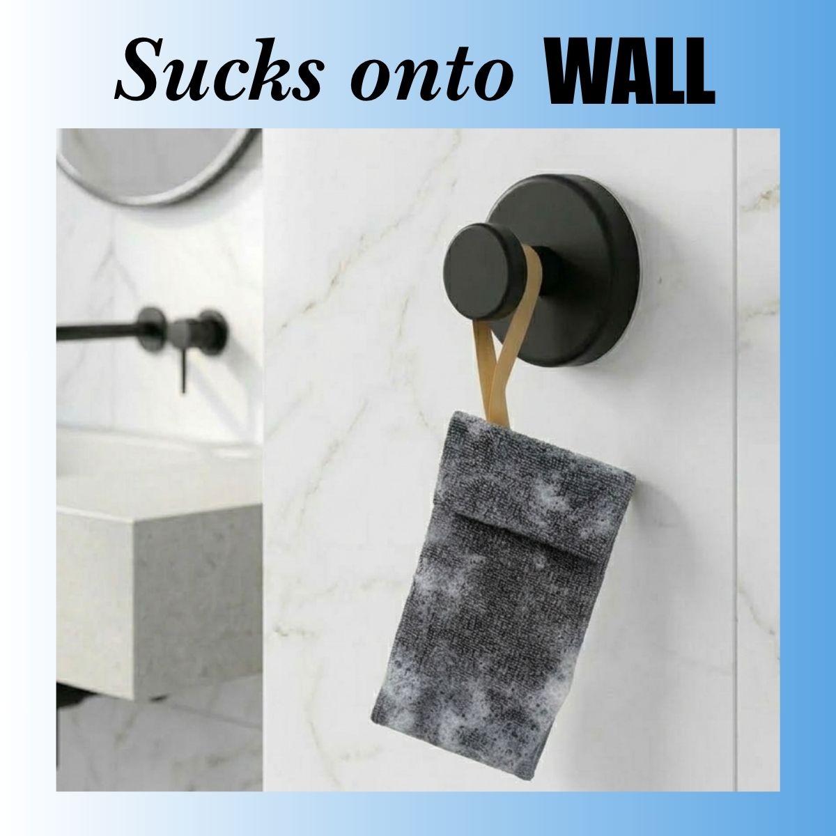 Mirai Clinical no drill shower hook holding Soap Saver Scrub Bag for easy bathroom organization and convenient use of deodorizing body care products.
