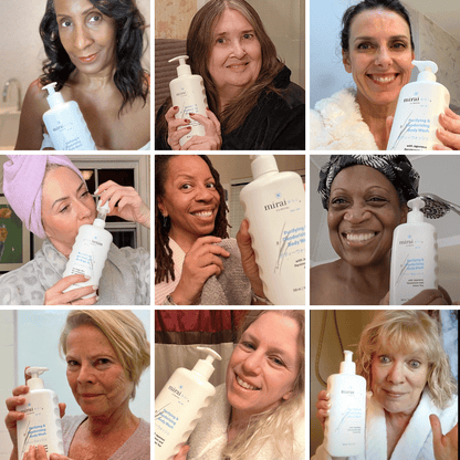 Collage of nine distinct faces, each representing the revitalizing and deodorizing benefits of Mirai Clinical's persimmon-infused body wash against nonenal odor.