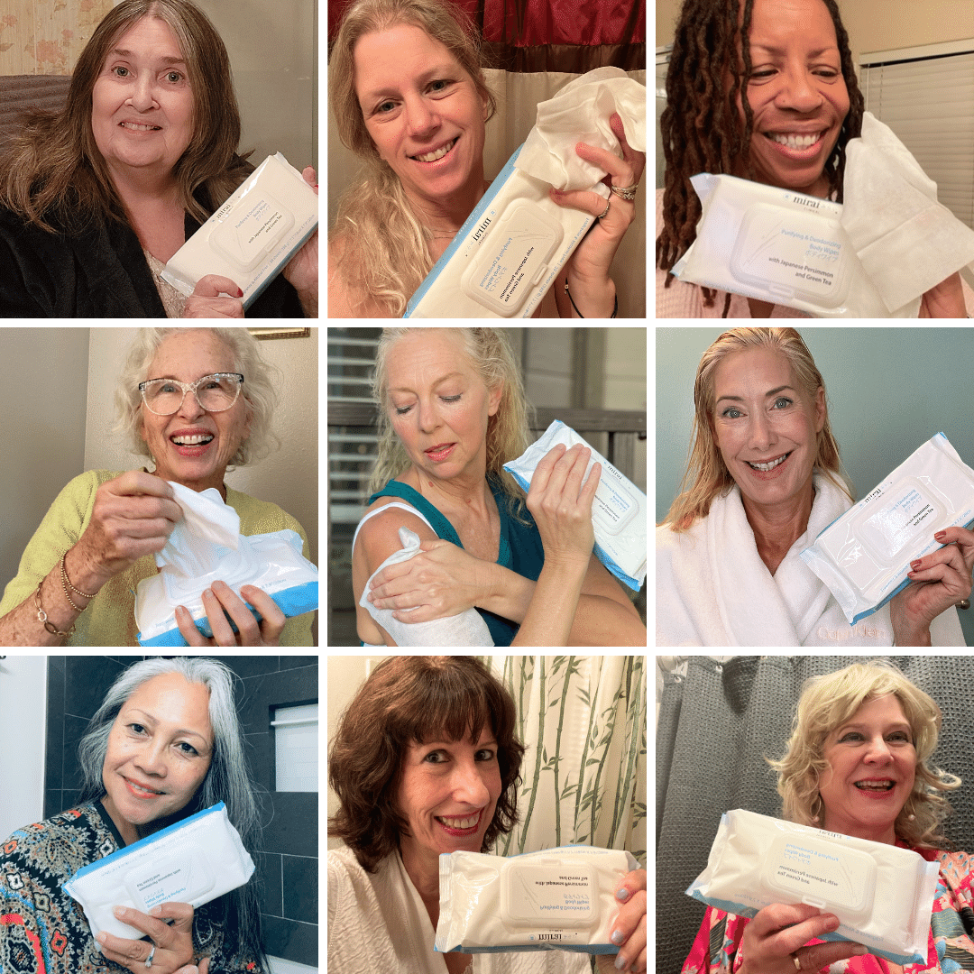 Collage of nine faces, each illustrating the refreshing experience and benefits of using Mirai Clinical's persimmon-infused Body Wipes against nonenal odor.