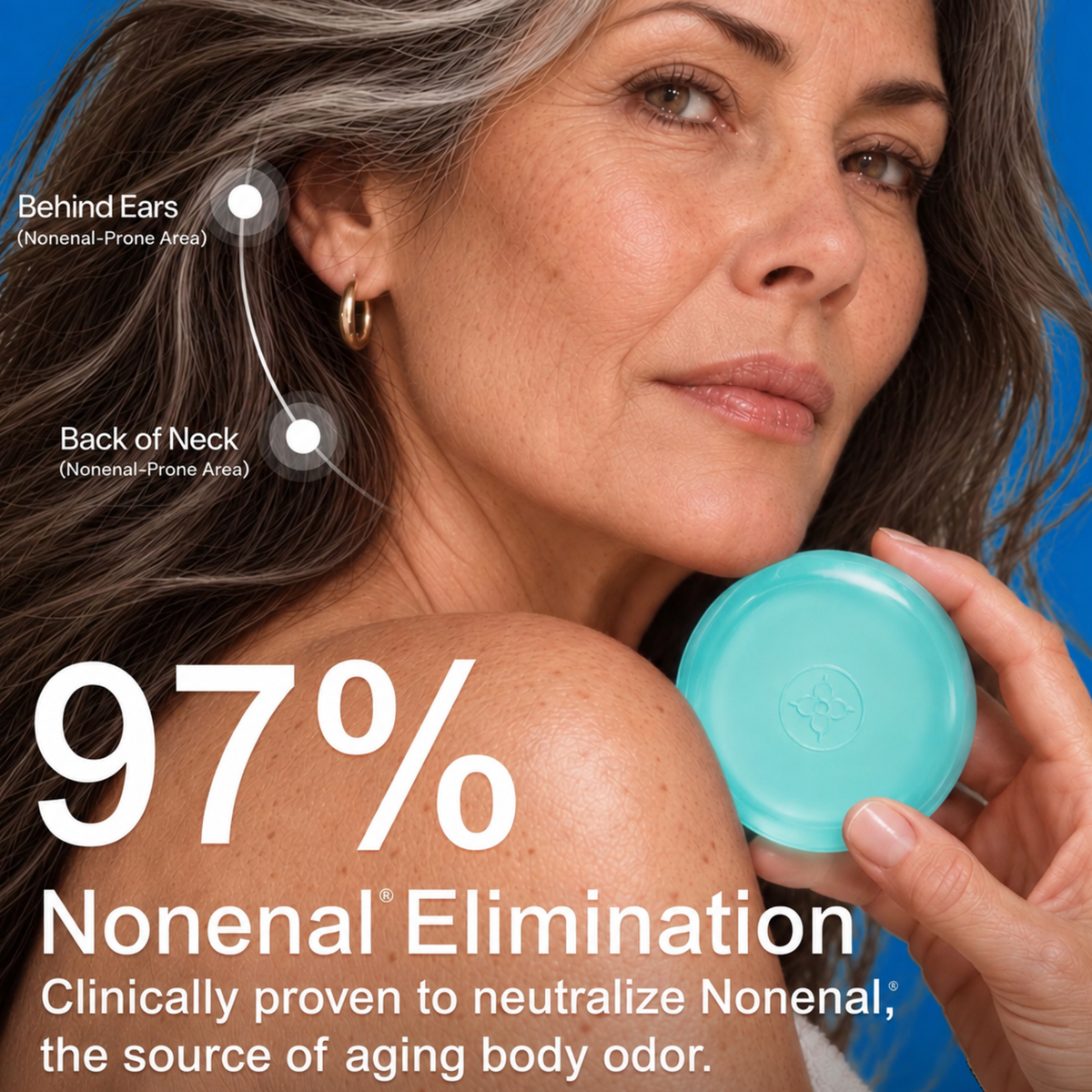 Mint - Mature woman holding teal persimmon soap, highlighting behind ears and back of neck as Nonenal-prone areas, 97% elimination