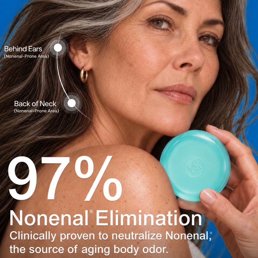 Mint - Mature woman holding teal persimmon soap, highlighting behind ears and back of neck as Nonenal-prone areas, 97% elimination